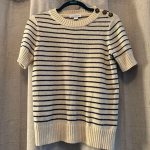 Liz Claiborne Short Sleeve Cream and Navy Striped Sweater, Women’s Size S.